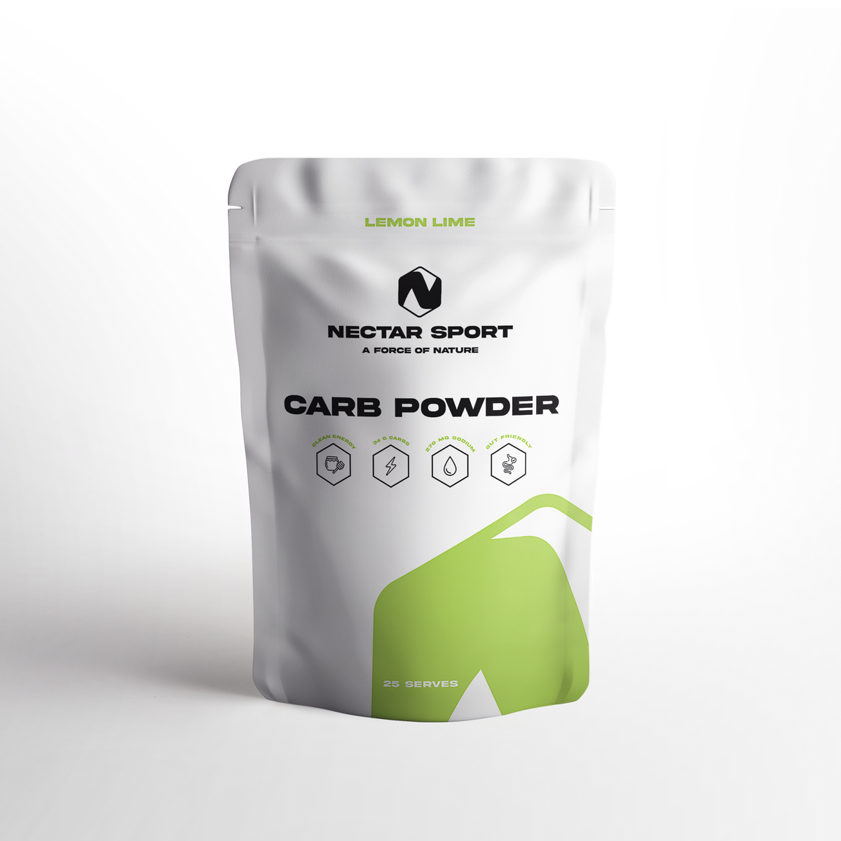 A stand-up pouch of Nectar Sport Carb Powder in Lemon Lime flavor, featuring a white package with green accents and black text, set against a clean white background.