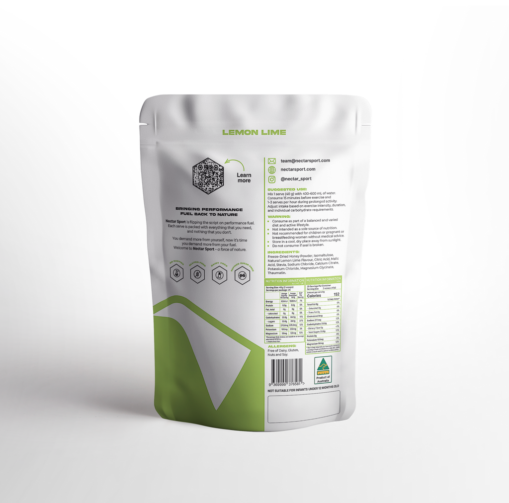 A stand-up pouch of Nectar Sport Carb Powder in Lemon Lime flavor, featuring a white package with green accents and black text, set against a clean white background.