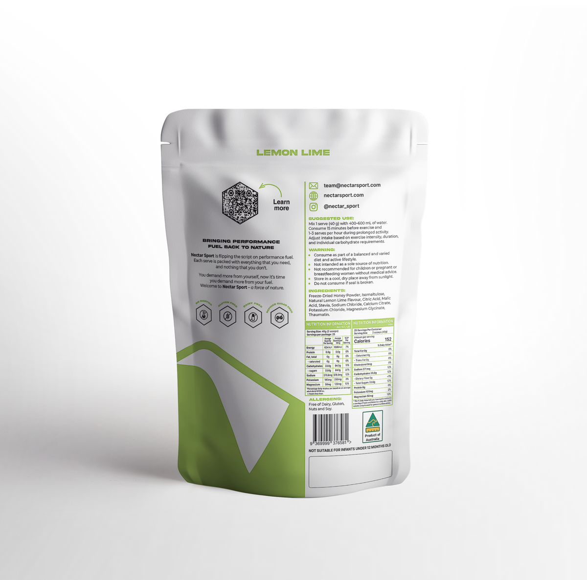A stand-up pouch of Nectar Sport Carb Powder in Lemon Lime flavor, featuring a white package with green accents and black text, set against a clean white background.