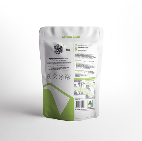 A stand-up pouch of Nectar Sport Carb Powder in Lemon Lime flavor, featuring a white package with green accents and black text, set against a clean white background.